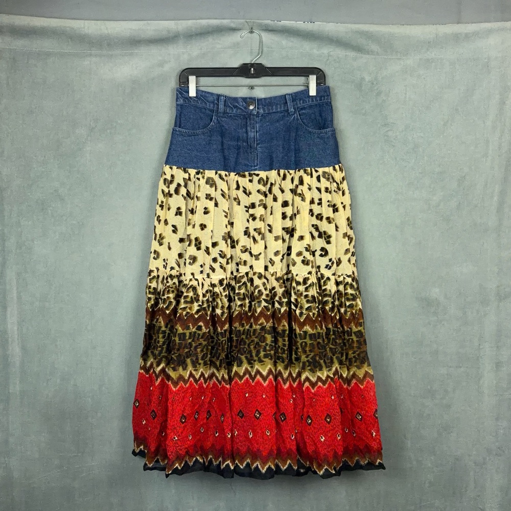 Vintage Y2K Boho Patchwork Maxi Skirt Womens Size Medium Animal Print Festival